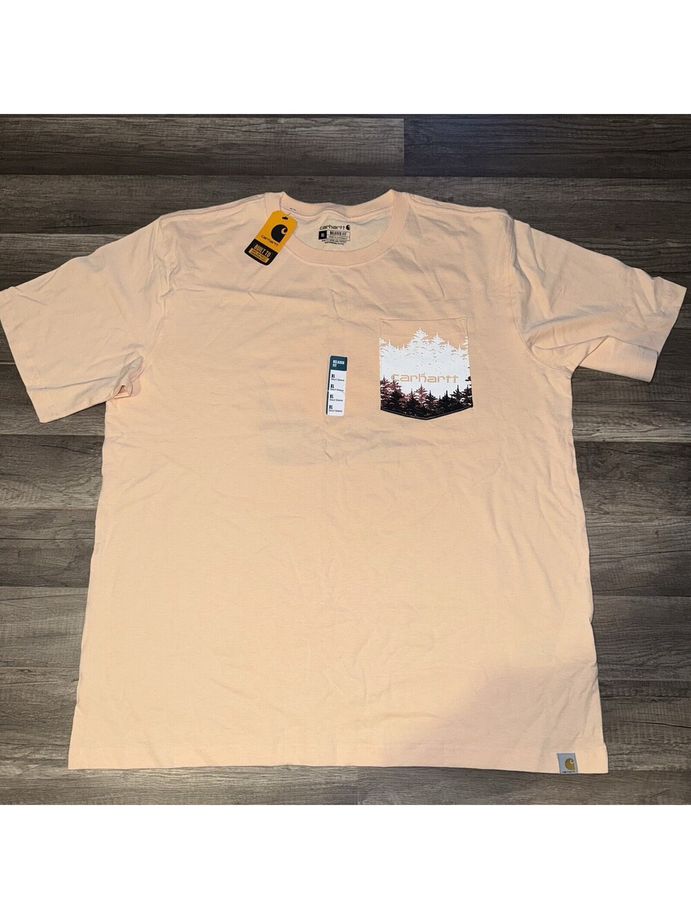Carhart Relax Fit NWT Short Sleeve Pocket T-shirt Light Peach Forest Graphic